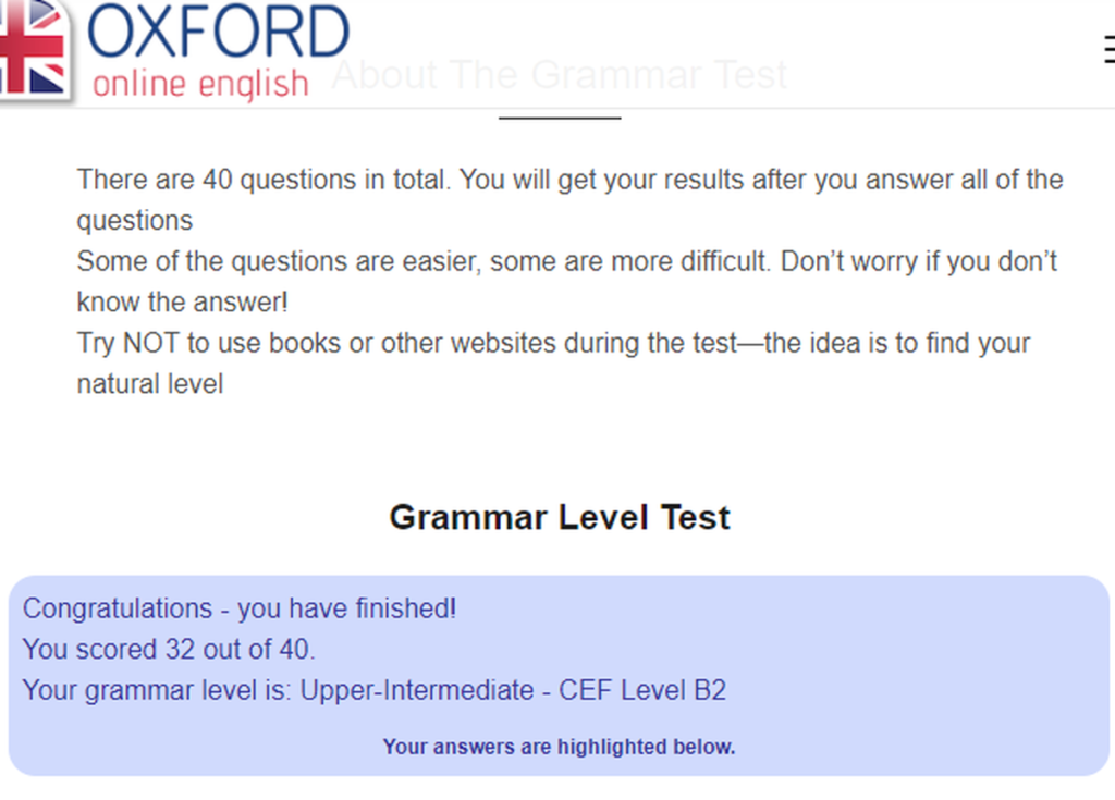 Oxfordの文法テスト結果