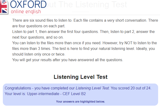 Oxfordのリスニングテスト結果